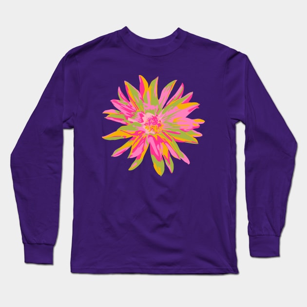 DAHLIA BURSTS Abstract Blooming Floral Summer Bright Flowers - Fuchsia Pink Yellow Lime Green on Violet Purple - UnBlink Studio by Jackie Tahara Long Sleeve T-Shirt by UnBlink Studio by Jackie Tahara